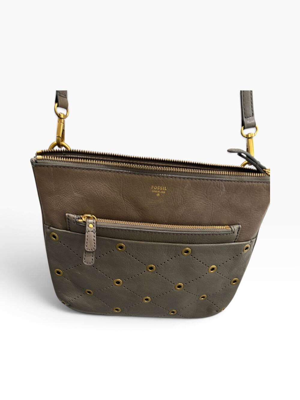 Fossil Issue No. 1954 Gray Leather Grommet Studded Diamond Crossbody Bag Purse